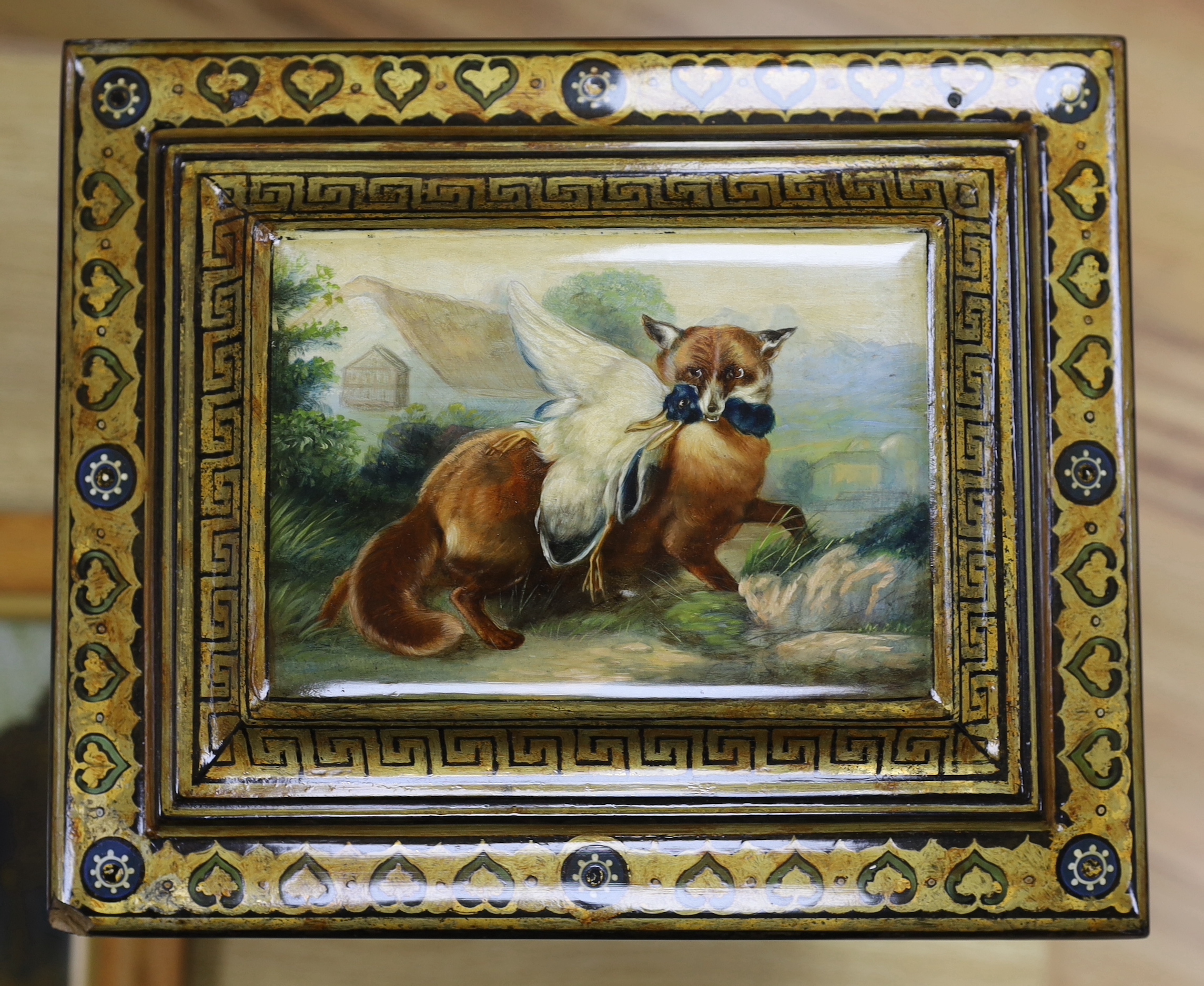 A Victorian painted papier maché decanter box, 51cm high x 36cm wide